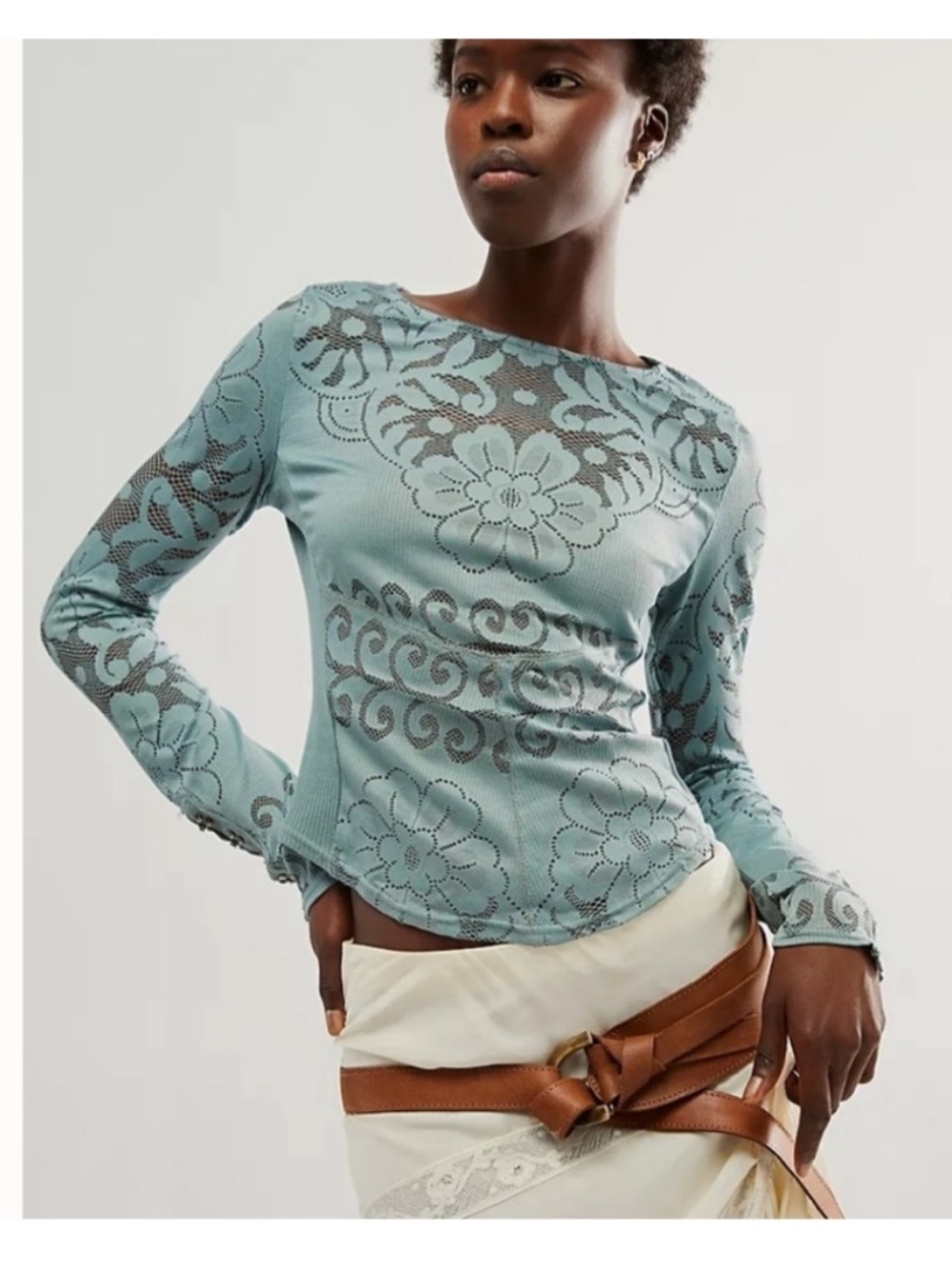 Free People Wild Rose Mesh Lace Floral Long Sleeve Top Blue Gray M Boho Romantic